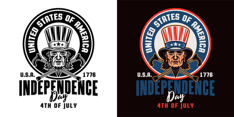 Independence day of USA vector emblem with uncle Sam head. Illustration in two styles, black on white and colored on dark background