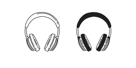 Headphones doodle line speaker. Music gadget and earphones devices in simple outline linear style. 