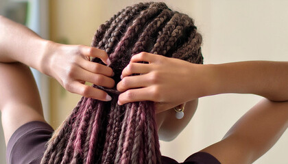 Extreme close-up and back view of a young beautiful African-American woman touching her hair in Dreadlocks or Locs style. Generative Ai.
