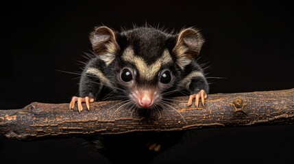   A small animal on a branch, paws on head, against a black background