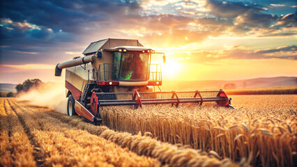Fototapeta premium A combine harvester, bathed in the warm glow of the setting sun, reaps wheat in a sprawling field. The image beautifully captures the essence of harvest season.
