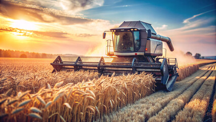 Fototapeta premium A combine harvester, bathed in the warm glow of the setting sun, reaps wheat in a sprawling field. The image beautifully captures the essence of harvest season.
