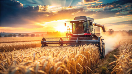 Fototapeta premium A combine harvester, bathed in the warm glow of the setting sun, reaps wheat in a sprawling field. The image beautifully captures the essence of harvest season.