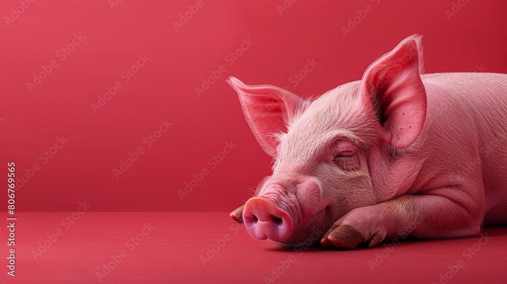 Wall mural a pink pig atop a red table, next to a bottle of wine and a can of soda