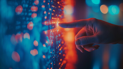 A close-up of a finger pointing at glowing neon data streams, symbolizing human interaction with digital environments