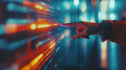 A person's hand interacting with a brightly lit futuristic data stream emphasizing the growing human-digital interface