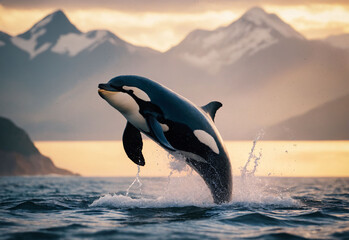 Fototapeta premium Alaskan Leap: Orca in Motion. A breathtaking moment as a killer whale leaps from the waters off the Alaskan coast, its powerful form silhouetted against the backdrop of a stunning sunset.