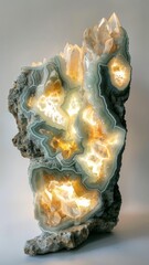A backlit slice of agate with internal quartz crystals.