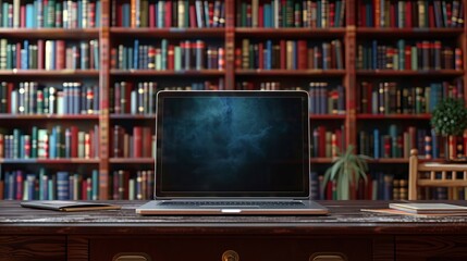 ノートパソコンと本棚の背景,Generative AI AI画像