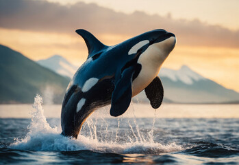 Fototapeta premium Alaskan Leap: Orca in Motion. A breathtaking moment as a killer whale leaps from the waters off the Alaskan coast, its powerful form silhouetted against the backdrop of a stunning sunset.