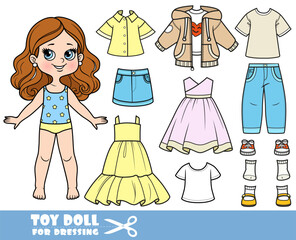 Cartoon brunette girl  and clothes separately -  dress,jacket, shirt, shorts, sandals, jeans and sneakers