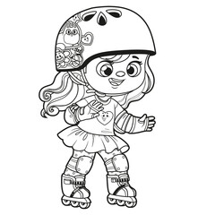 Cute cartoon girl in a helmet and wearing protective gear on roller skates forward outlined for coloring page on white background