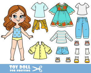 Cartoon brunette girl  and clothes separately -  dress,long sleeve, shirt, shorts, sandals, jeans and sneakers