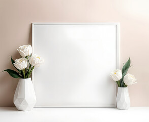 A white picture frame on a table with a vase of white flowers and a pink flower in the foreground.