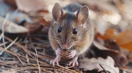   A tight shot of a rodent on the forest floor, surrounded by leafy foliage in the foreground, while the background softly blurs