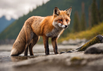Fototapeta premium A vivid red fox, poised in its natural hunting stance on the rugged Alaskan coast. The image beautifully captures the raw survival instincts and the striking beauty of wildlife in its natural habitat.