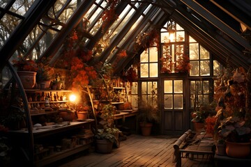 Panorama of a greenhouse with autumn leaves in the foreground and trees in the background