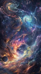 Surreal artwork of a swirling spiral galaxy with celestial bodies and nebulas, blending reality and fantasy