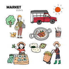 people at market, people buy and sell at market, street food, local mini bus, hand drawn style vector illustration
