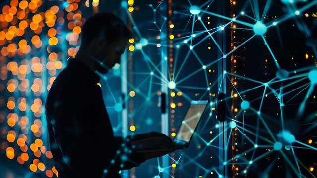 Network engineer holding laptop with complicated data center network.