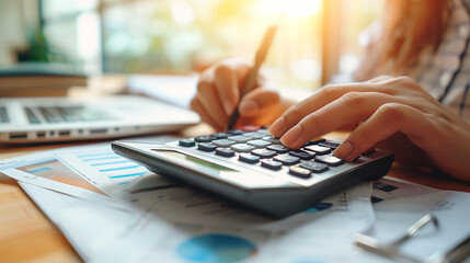 Woman working with calculator,accountant concept. Generative ai