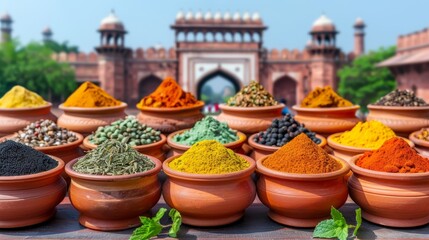 Fototapeta premium A table laden with various colorful powder-filled pots and spice containers adjacent to a structure