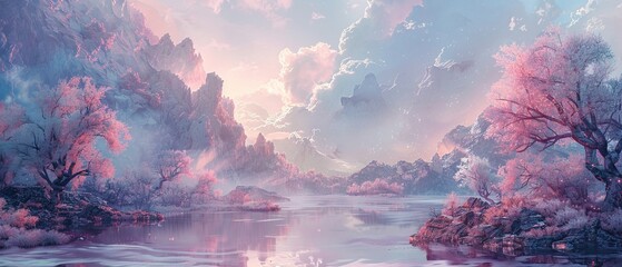 Craft a mesmerizing digital artwork featuring a sweeping wide-angle view of a serene landscape bathed in a whispering gradient of soft pastel hues