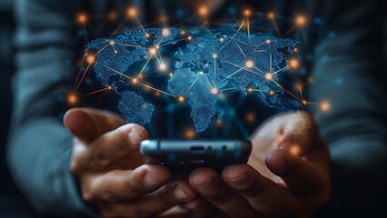 A businessman holds a mobile phone and displays a world map hologram. Big data analysis and business intelligence concept.