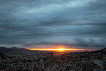 dawn, colored sky, morning city, sky, mountains, houses