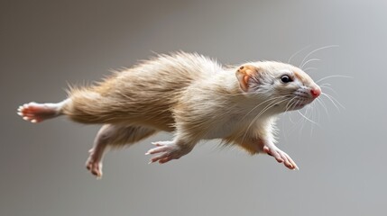   A ferret mid-air, paws clutched before chest as if flying, hind legs extended behind