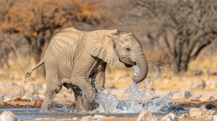   A baby elephant plays in a water body, surrounded by a cluster of rocks and patches of dry grass Trees form the backdrop