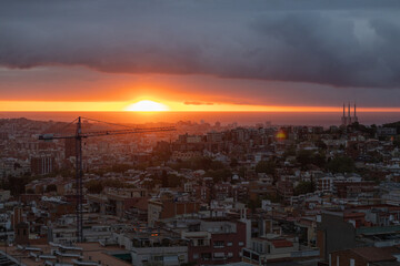 dawn, colored sky, morning city, sky, mountains, houses
