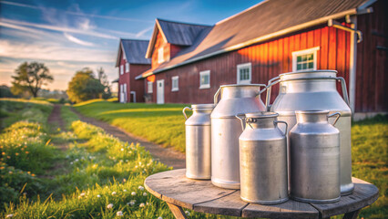 Naklejka premium Gleaming milk cans standing proudly by a home dairy farm. The image encapsulates the charm of countryside living and the freshness of farm produce.