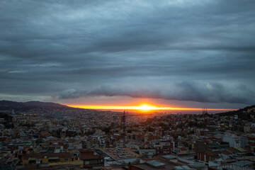 dawn, colored sky, morning city, sky, mountains, houses
