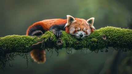   A red panda naps atop a moss-covered branch, cradling its head on a tree limb