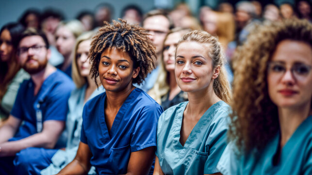 Diverse Medical Staff at a Conference with two multiracial female nurses in focus