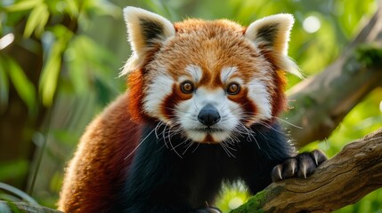   A red panda, startled, gazes at the camera from a tree branch, its expression filled with surprise