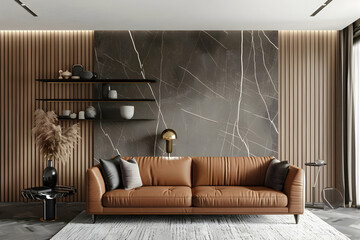 A living room interior design rendering with a brown leather sofa, a black marble shelf and a white...