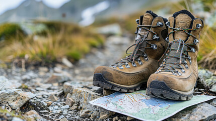 Naklejka premium Close-up of well-worn hiking boots on mountain trail with map