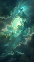 Fototapeta premium This stunning image shows swirling turquoise and emerald clouds, resembling ocean waves, set in an interstellar environment