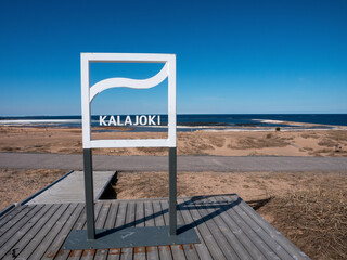 Kalajoki beach sign in early May, Finland