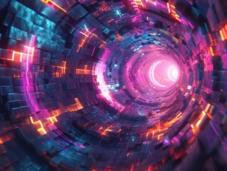 Fototapeta premium Craft a digital masterpiece showcasing a dynamic vortex of neon-colored 3D polygons from an eye-level perspective Let the viewer feel theyre stepping into a futuristic realm