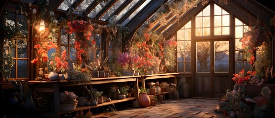 Panoramic view of a greenhouse with flowers and plants in autumn