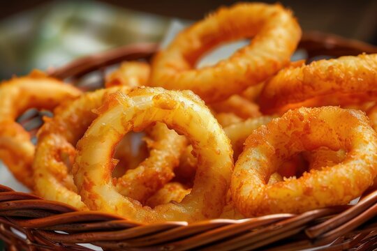 Onion Ring DelightA basket overflowing with golden onion rings, waiting to be enjoyed 