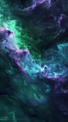 This image depicts vibrant waves of purple and green colors, suggesting a dynamic cosmic energy or nebula