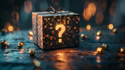 Glowing Mystery Box with Question Mark in Enchanted Setting
