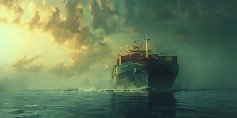Fototapeta premium Cargo transportation with a ship and shipping containers at sea. Global maritime logistics