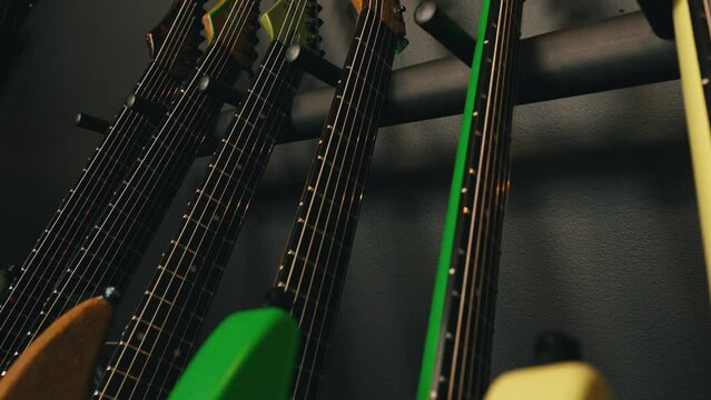 different color guitars in the music studio, musical concept. High quality 4k footage