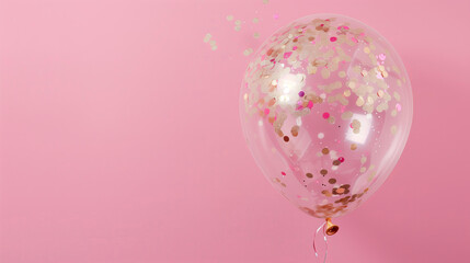 giant transparent balloon with glitter and confetti inside on a pastel pink background in a minimalistic style