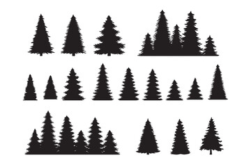 Obraz premium Vintage trees, forest silhouettes set. outline of a coniferous forest. Isolated. 